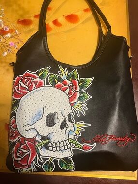 Ed Hardy Black Tote with Skull, Red Roses & Green Leaves